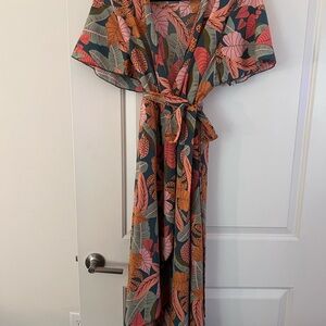 Colorful Leaf Print Kimono Dress
